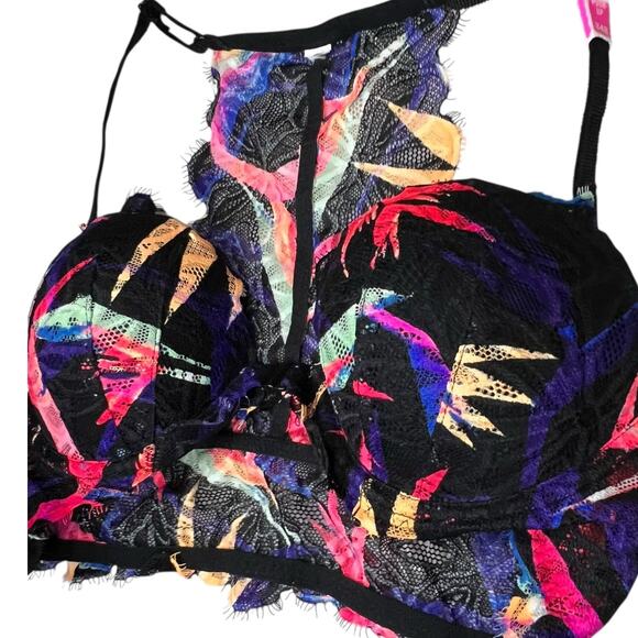 VS PINK Push Up Bra 34B Black Lace Tropical Halter Racerback Front Closure NEW - Picture 5 of 9